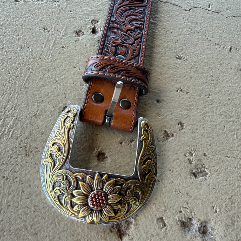 Brown Leather Belt with Gold Buckle